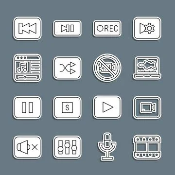 Set line Play video, button, Sound or audio recorder, Record, Arrow shuffle Stock Illustration