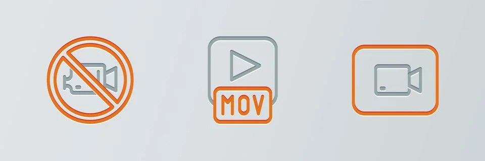 Set line Play video button, Prohibition no recording and MOV file icon. Vecto Stock Illustration
