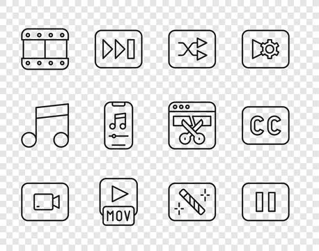 Set line Play video button, Pause, Arrow shuffle, MOV file, Music player, P.. Illustrazione stock