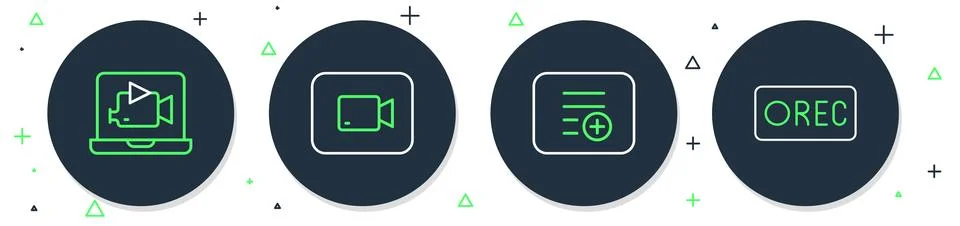 Set line Play video button, Add playlist, Online and Record icon. Vector Stock Illustration