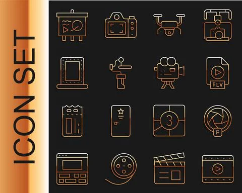 Set line Play Video, Camera shutter, FLV file document, Drone flying, Gimbal Stock Illustration