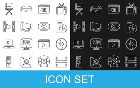 Set line Play Video, CD or DVD disk, Online play video with 4k, Megaphone Stock Illustration