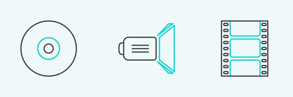 Set line Play Video, CD or DVD disk and Movie spotlight icon. Vector Stock Illustration