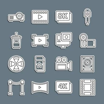 Set line Play Video, CD disk award in frame, Cinema camera, 8k Ultra HD, On.. Stock Illustration