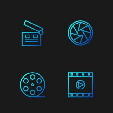 Set line Play Video, Film reel, Movie clapper and Camera shutter. Gradient co Stock Illustration