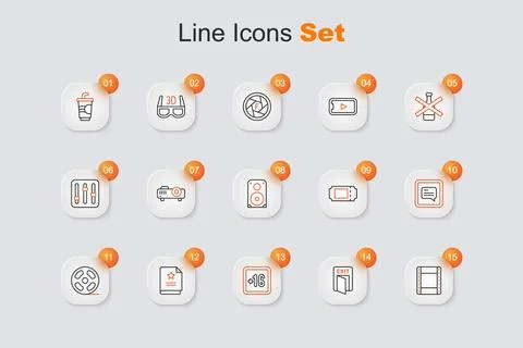 Set line Play video, Fire exit, Plus 16 movie, Scenario, Film reel, Video w.. Illustrazione stock