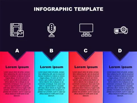 Set line Play Video, Microphone, Cinema auditorium with seats and Media Stock Illustration