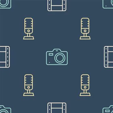 Set line Play Video, Microphone and Photo camera on seamless pattern. Vector Stock Illustration