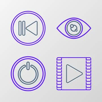 Set line Play Video, Power button, Eye and Rewind icon. Vector Stock Illustration