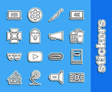 Set line Play Video, Scenario, Popcorn and soda drink glass, Knife, Funny s.. Stock Illustration