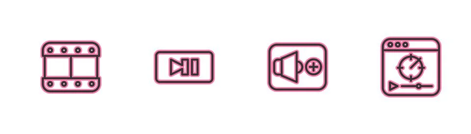 Set line Play video, Speaker volume, Pause button and Online play icon. Vector Stock Illustration