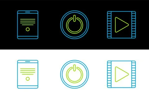 Set line Play Video, Tablet and Power button icon. Vector Stock Illustration