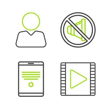Set line Play Video, Tablet, Speaker mute and Add to friend icon. Vector Stock-Illustration