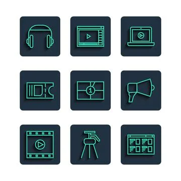 Set line Play Video, Tripod, Online play video, Old film movie countdown frame Stock Illustration