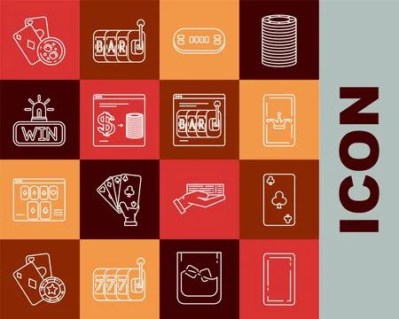 Set line Playing card back, Joker playing, Poker table, Online casino chips Stock Illustration