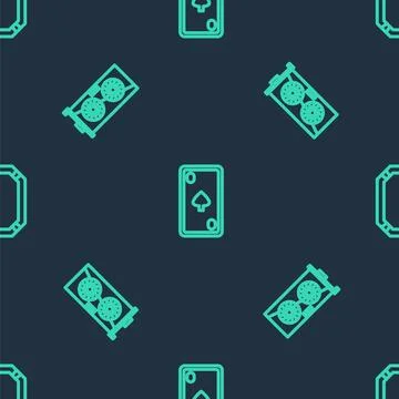 Set line Playing card with diamonds, Video graphic and Poker table on seamles Stock Illustration