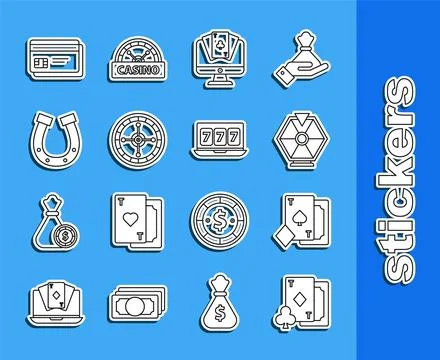 Set line Playing card with diamonds, spades, Lucky wheel, Online poker tabl.. Stock Illustration