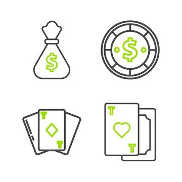 Set line Playing card with heart, diamonds, Casino chip dollar and Money bag Stock Illustration