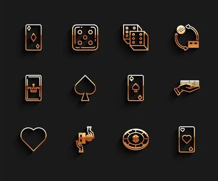 Set line Playing card with heart symbol, Casino chips exchange on stacks of 스톡 일러스트