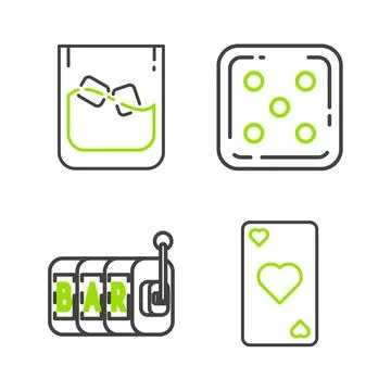 Set line Playing card with heart symbol, Slot machine, Game dice and Glass .. Stock Illustration