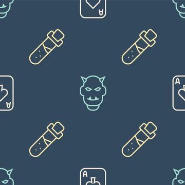 Set line Playing cards, Bottle with potion and Mask of the devil horns on Stock Illustration