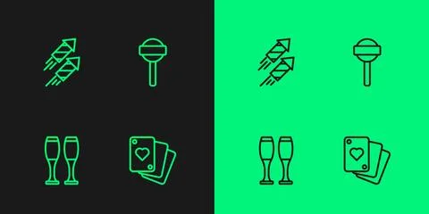 Set line Playing cards, Bowling pin, Firework rocket and Lollipop icon. Vecto Stock Illustration