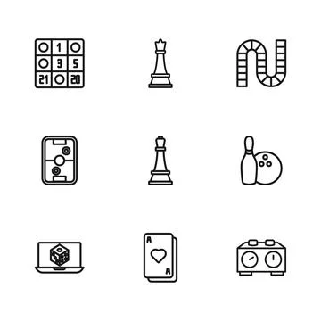 Set line Playing cards, Bowling pin and ball, Time chess clock, Chess, Boar.. Stock Illustration