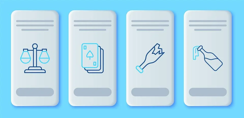 Set line Playing cards, Broken bottle as weapon, Scales of justice and Cock.. Illustrazione stock