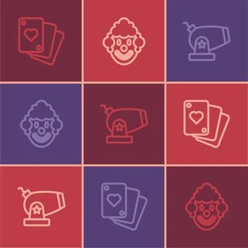 Set line Playing cards, Cannon and Clown head icon. Vector Stock Illustration