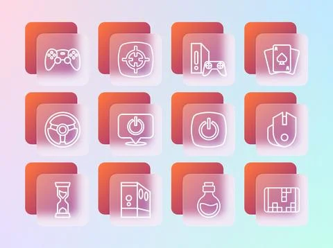 Set line Playing cards, Case of computer, Power button, Bottle with magic e.. Stock Illustration