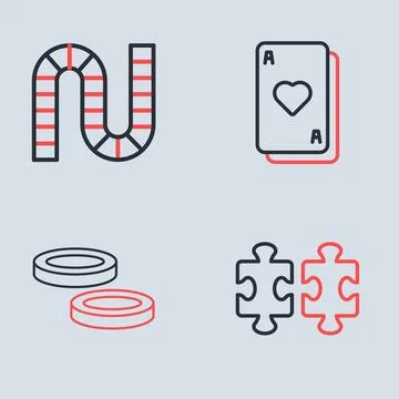 Set line Playing cards, Checker game chips, Puzzle pieces toy and Board ico.. Stock Illustration