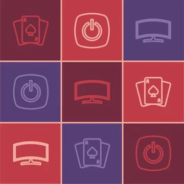Set line Playing cards, Computer monitor and Power button icon. Vector Stock Illustration