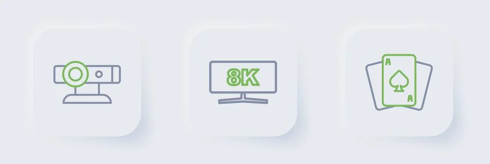 Set line Playing cards, Computer monitor and Web camera icon. Vector 스톡 일러스트