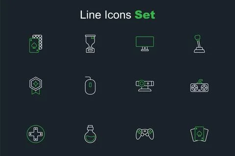 Set line Playing cards, Game controller or joystick, Bottle with magic elix.. 库存插图