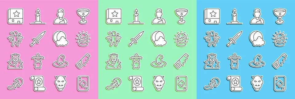 Set line Playing cards, Hand saw, Magic ball, Wizard warlock, Dagger, Voodo.. Stock Illustration