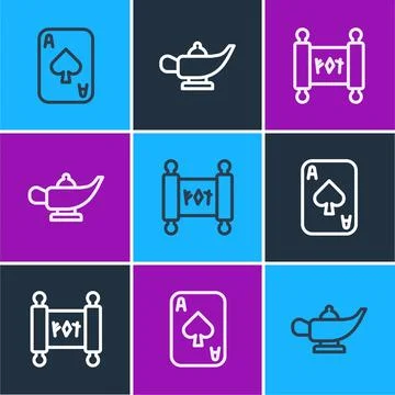 Set line Playing cards, Magic scroll and lamp or Aladdin icon. Vector Stock Illustration