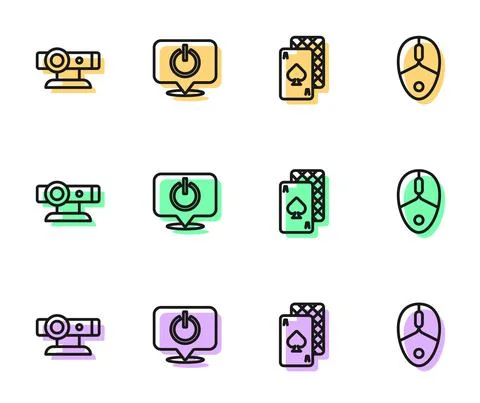 Set line Playing cards, Web camera, Power button and Computer mouse icon. Vector Stock Illustration