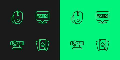 Set line Playing cards, Web camera, Computer mouse and Medal icon. Vector 스톡 일러스트