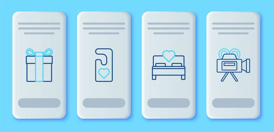 Set line Please do not disturb with heart, Bedroom, Gift box and Cinema camera Illustrazione stock