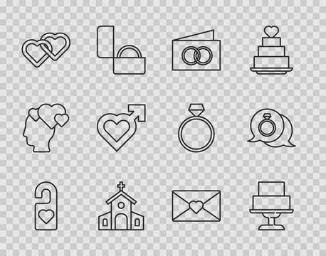 Set line Please do not disturb, Wedding cake, Greeting card, Church building, Ilustración de archivo