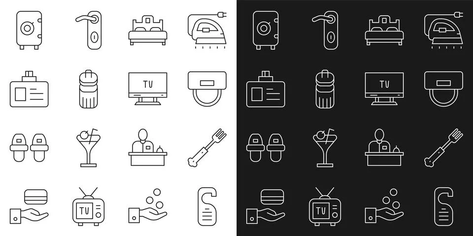 Set line Please do not disturb, Fork, Bellboy hat, Bedroom, Trash can, Identi Illustration
