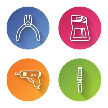Set line Pliers tool, Cement bag, Electric hot glue gun and Chisel tool for wood Stock Illustration