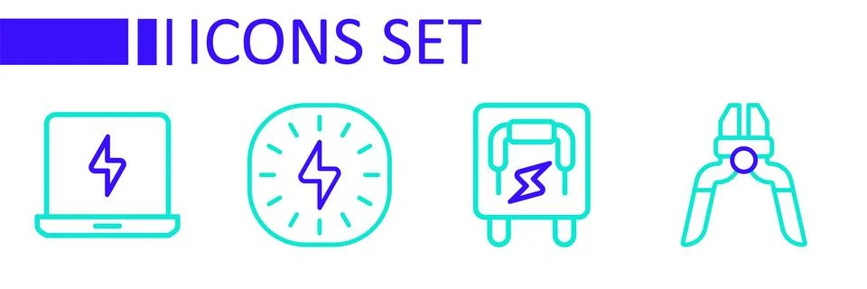Set line Pliers tool, Electrical panel, Lightning bolt and Laptop icon. Vecto Illustrazione stock