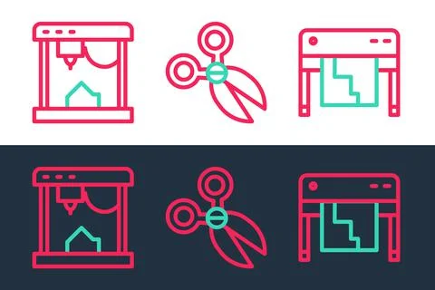 Set line Plotter, 3D printer and Scissors icon. Vector Illustrazione stock