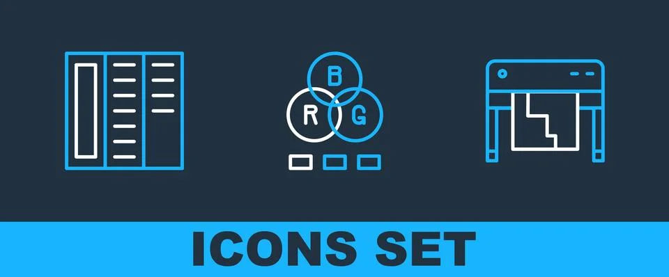 Set line Plotter, Brochure and RGB color mixing icon. Vector Illustrazione stock