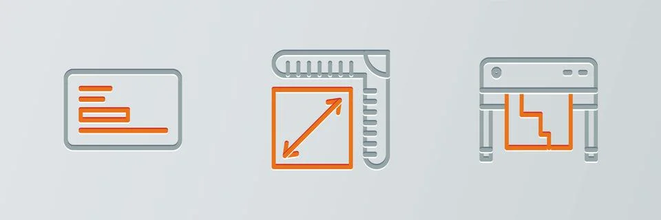 Set line Plotter, Business card and Paper size icon. Vector Ilustración de archivo