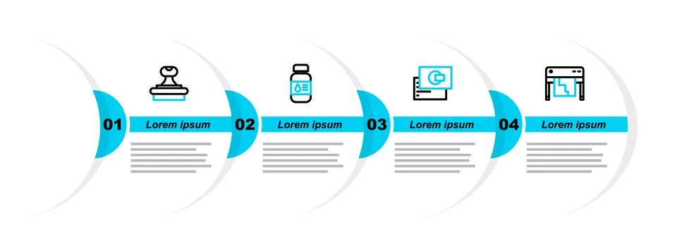 Set line Plotter, Business card, Printer ink bottle and Stamp icon. Vector Illustrazione stock