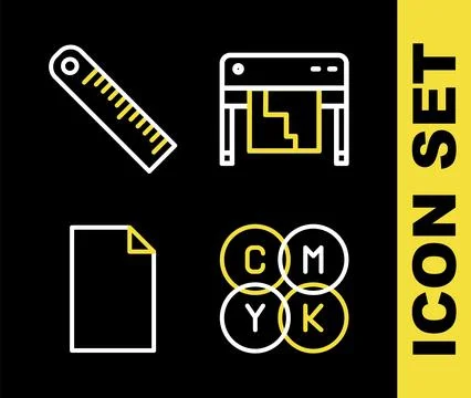 Set line Plotter, CMYK color mixing, Empty document and Ruler icon. Vector Illustrazione stock