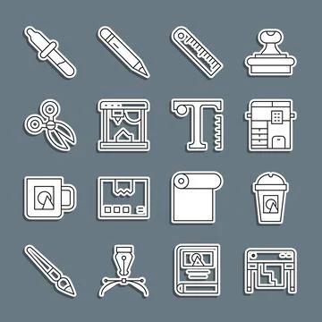 Set line Plotter, Coffee cup to go, Copy machine, Ruler, 3D printer, Scissors Ilustración de archivo