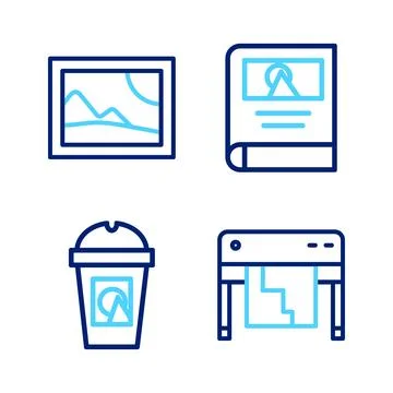 Set line Plotter, Coffee cup to go, Photo album gallery and Picture landsca.. Illustrazione stock